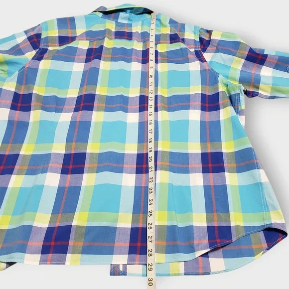 Chaps Womens 3X Blue Green Plaid No Iron Button Up Shirt 3/4 Sleeve Paisley Trim - Picture 10 of 10